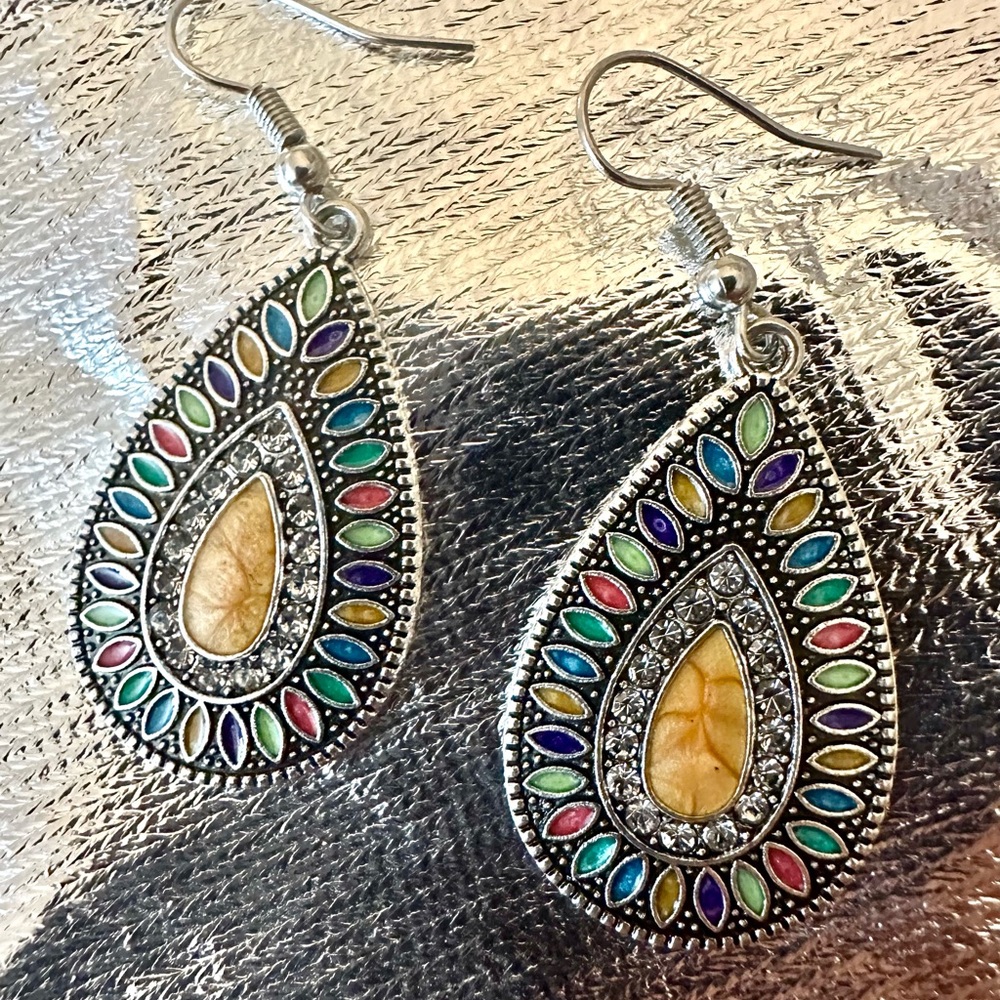 BOHO Silver Earrings Rhinestone Earrings Silver Drop Earrings Teardrop Earrings - Picture 8 of 9